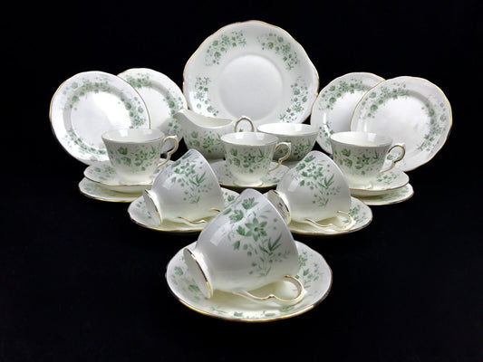 Queen Anne China Tea Set For 6 / 21 Piece / Pattern 8669 Green Floral / Trio