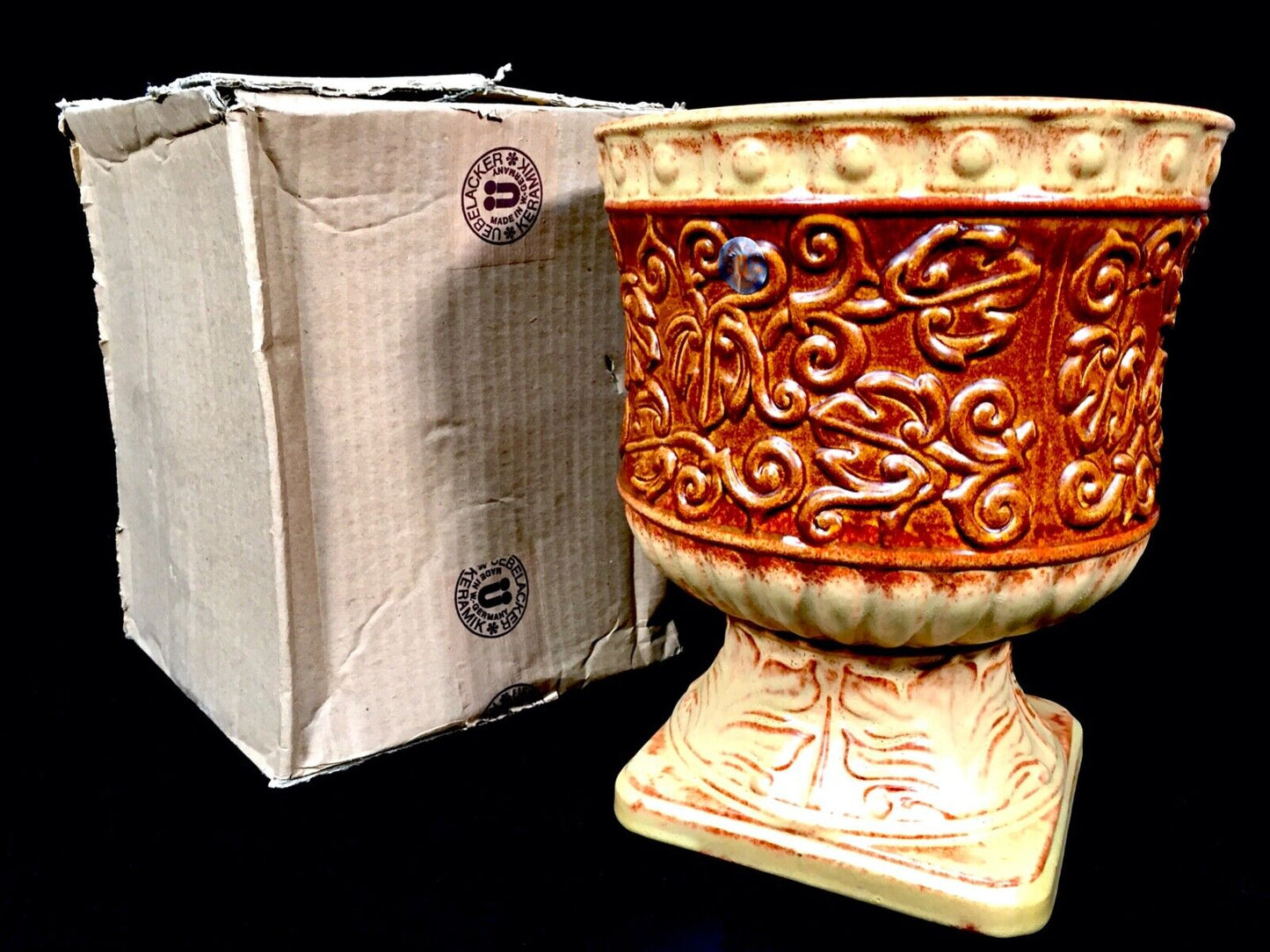 Vintage West German Pottery Planter / Urn / Vase in Original Box / Cream & Brown