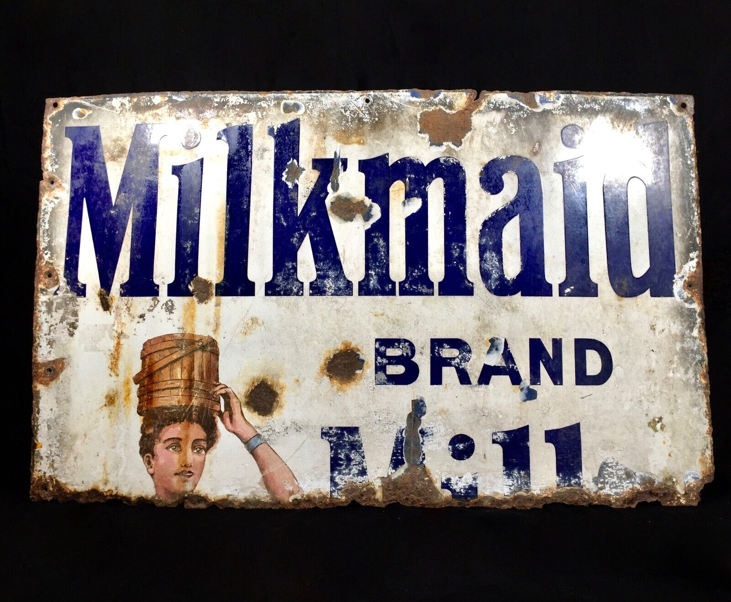 Antique Advertising - Large Enamel Pictorial Sign For Milkmaid Milk / Food Drink