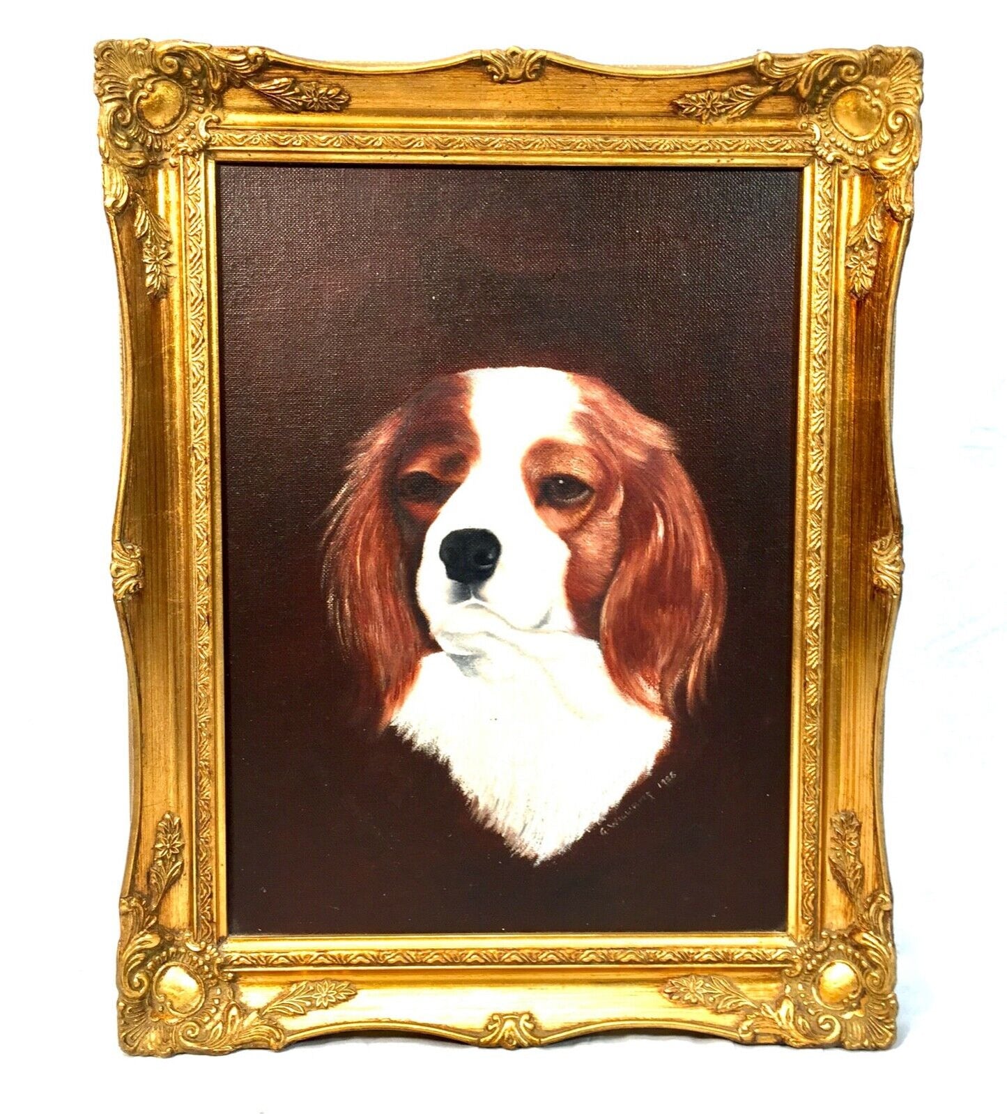 Vintage Framed Blenheim Cavalier King Charles Spaniel Dog Oil Painting on Canvas
