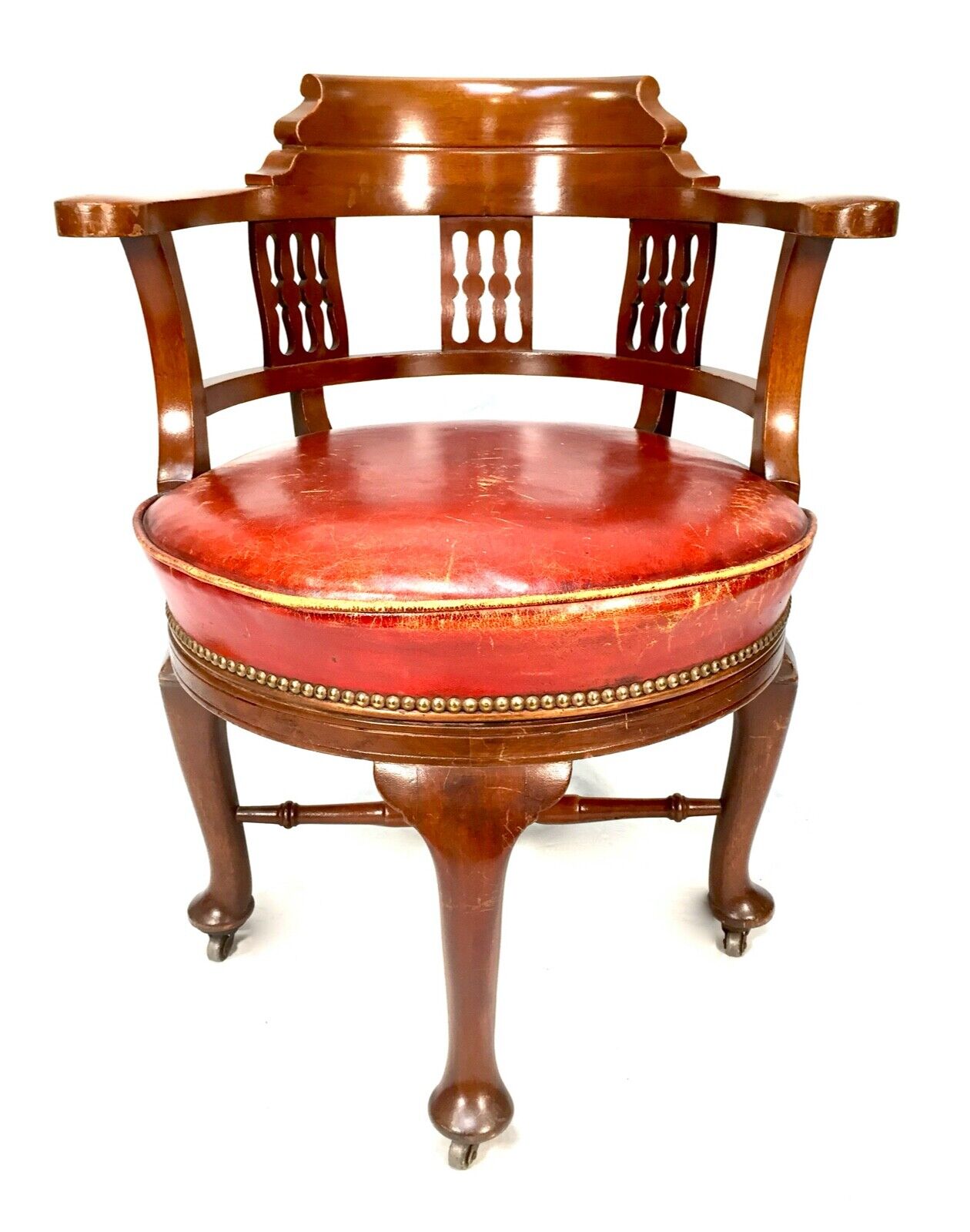 Antique Mahogany Wooden & Leather Revolving Captains Desk Chair / C.1900 / Red
