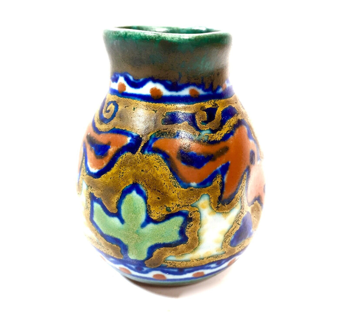 Antique Gouda Pottery Art Deco Dutch Vase / Pot / Blue / Yellow / Green / Orange