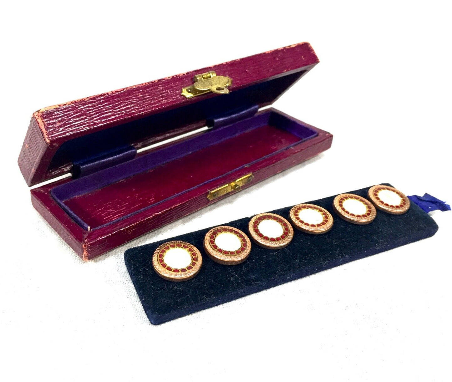 Antique Art Deco Dress Button Set of Six / Copper Mother of Pearl / Enamel c1930