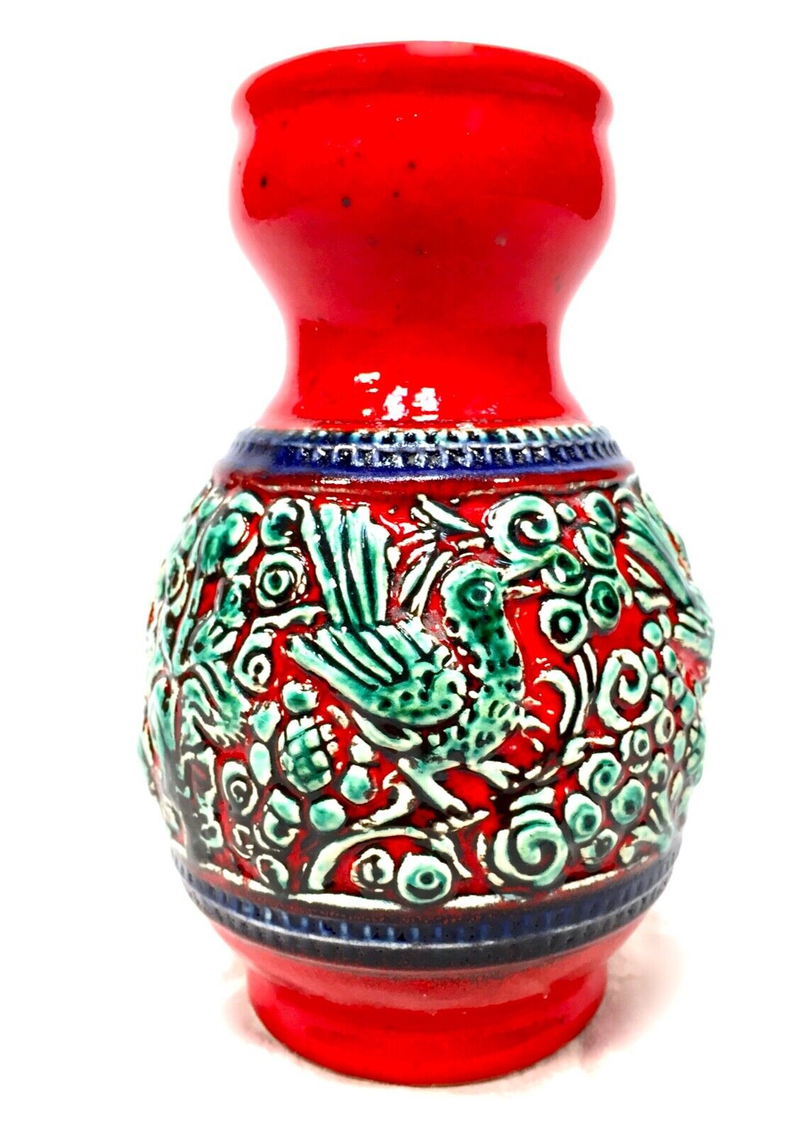 Vintage West German Pottery Dumler And Breiden Relief Vase / Red / Turquoise