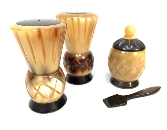 Antique kitchen - 1920s Horn and Bone Scottish Thistle 3 Piece Cruet Set
