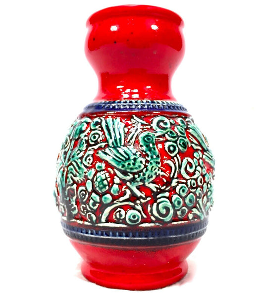 Vintage West German Pottery Dumler And Breiden Relief Vase / Red / Turquoise