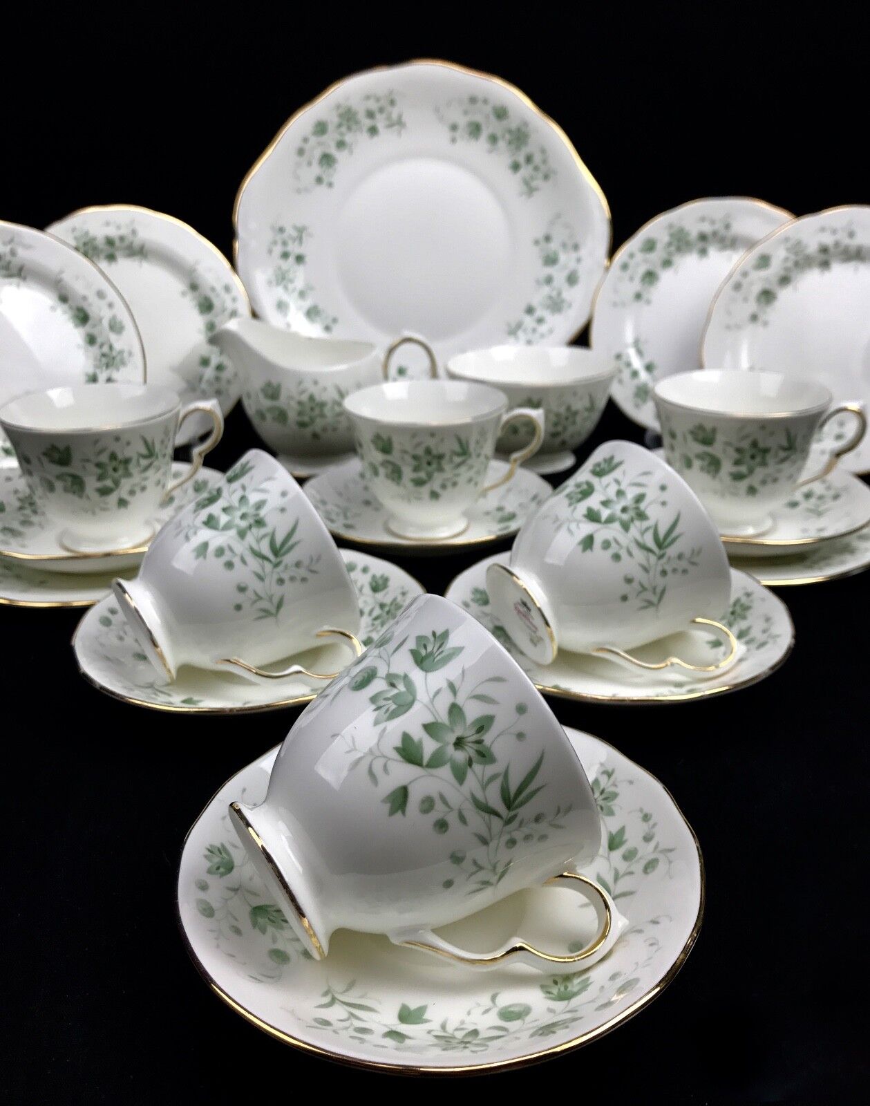 Queen Anne China Tea Set For 6 / 21 Piece / Pattern 8669 Green Floral / Trio