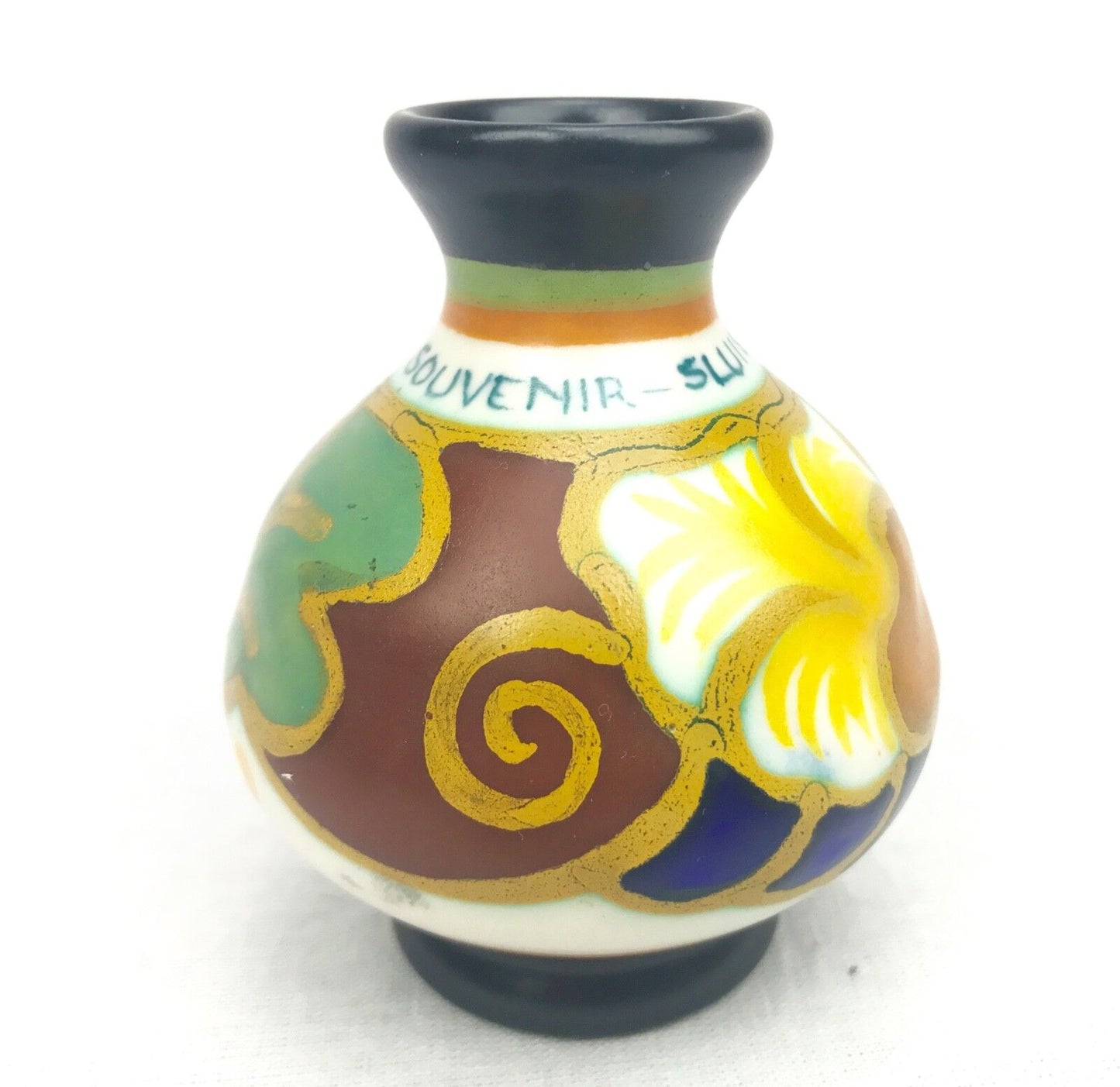 Gouda Pottery Vase / Art Deco Style / Yellow / Blue / Brown / Vintage