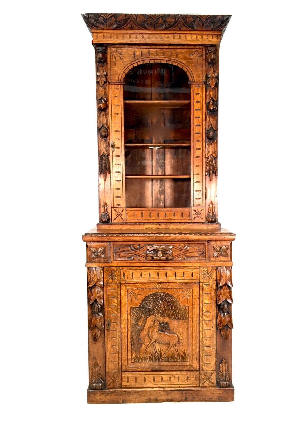 Antique Large Continental Carved Oak Bookcase Display Cabinet / Buffet Cupboard
