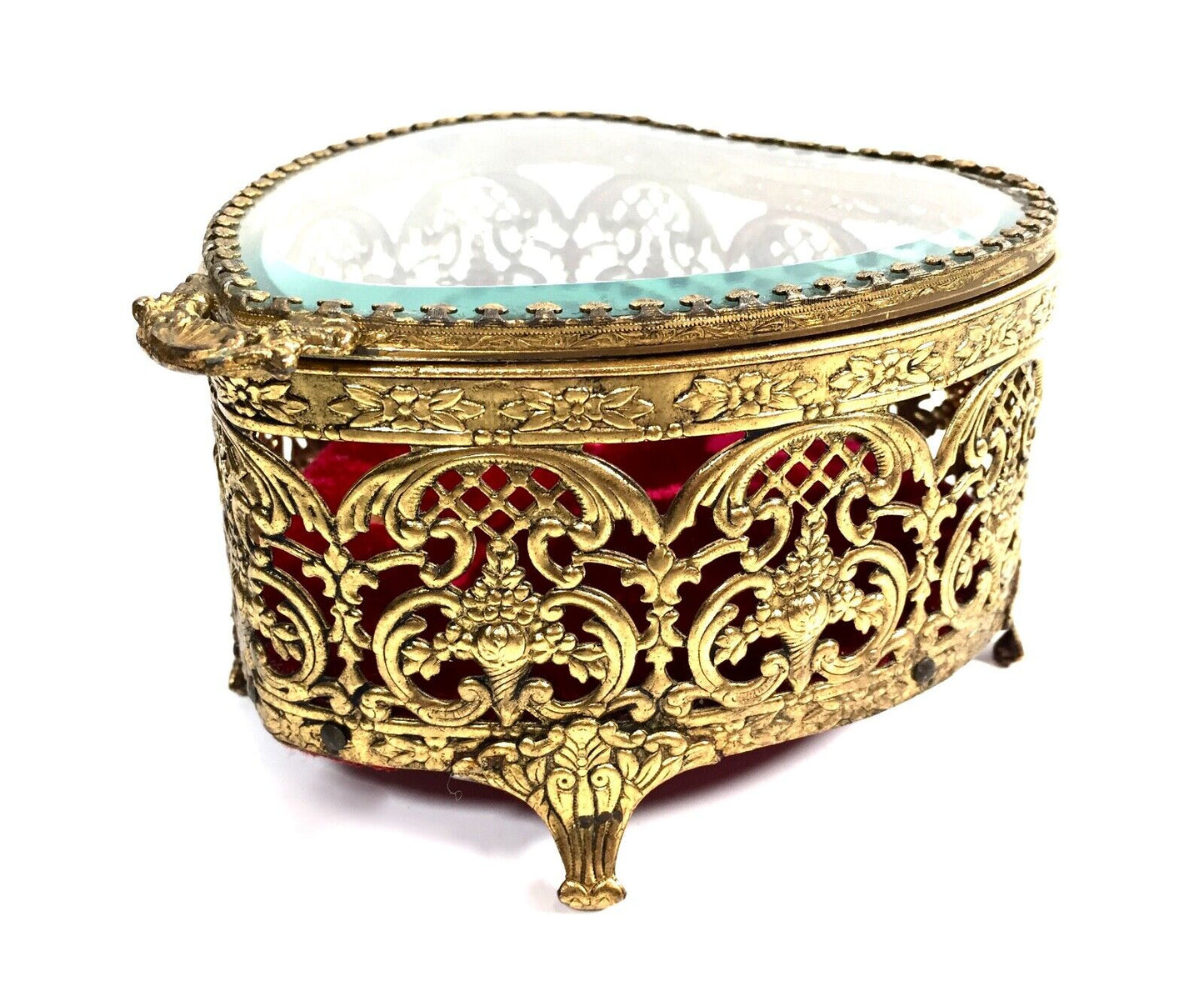 Antique Gilt Metal Jewellery Box / Casket Heart Shaped with Glass Top / c1900
