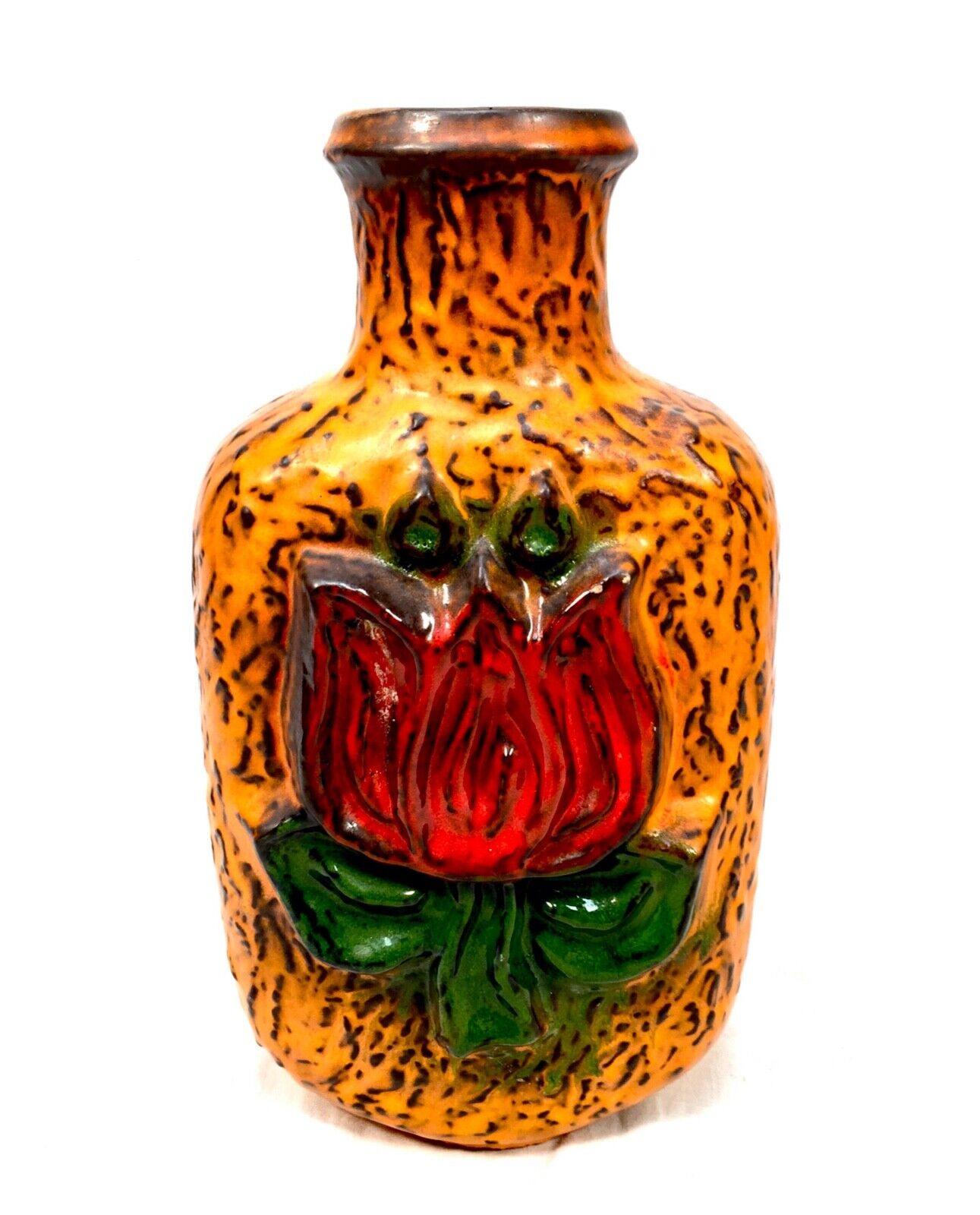 Vintage West German Pottery Carstens Lava Vase / Orange & Black / Retro 1970's