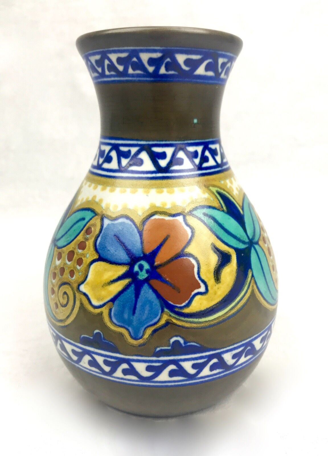 Antique Gouda Pottery Vase / 1925 Art Deco / Blue / Brown / Yellow / Dutch