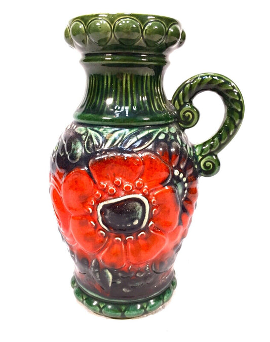 Vintage West German Pottery Vase / Jug / Green & Red / 1970s Retro