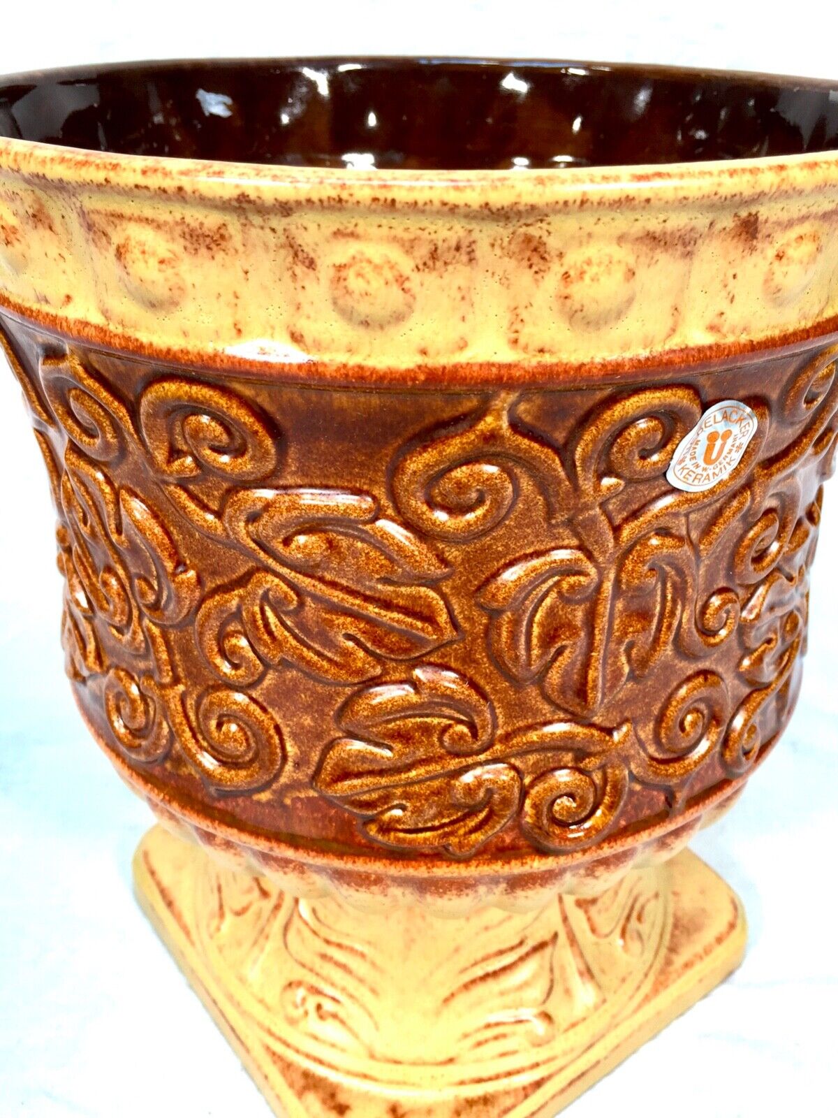 Vintage West German Pottery Planter / Urn / Vase in Original Box / Cream & Brown