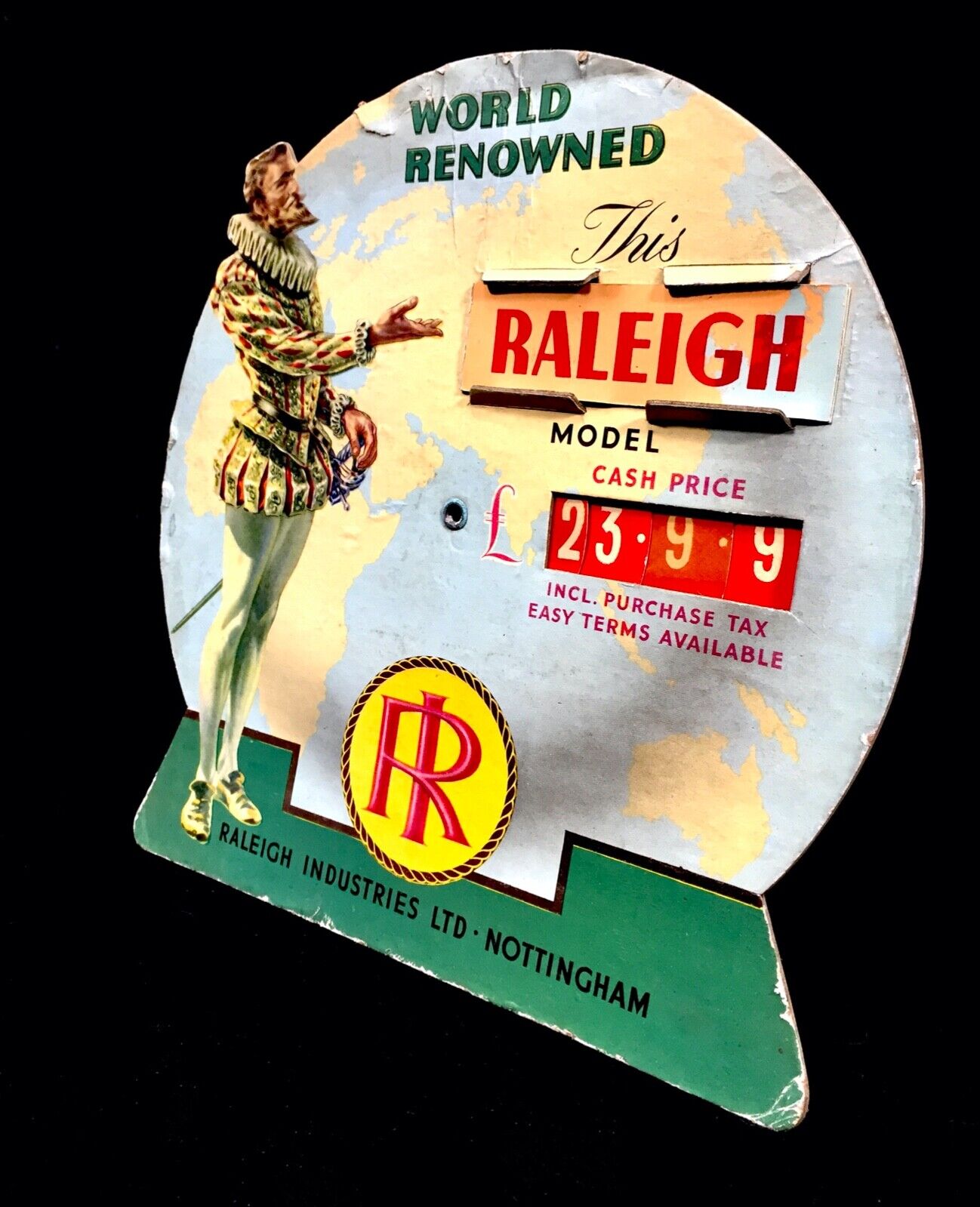 Vintage Raleigh Pictorial Bicycle Advertising Sign Showcard Shop Counter Display