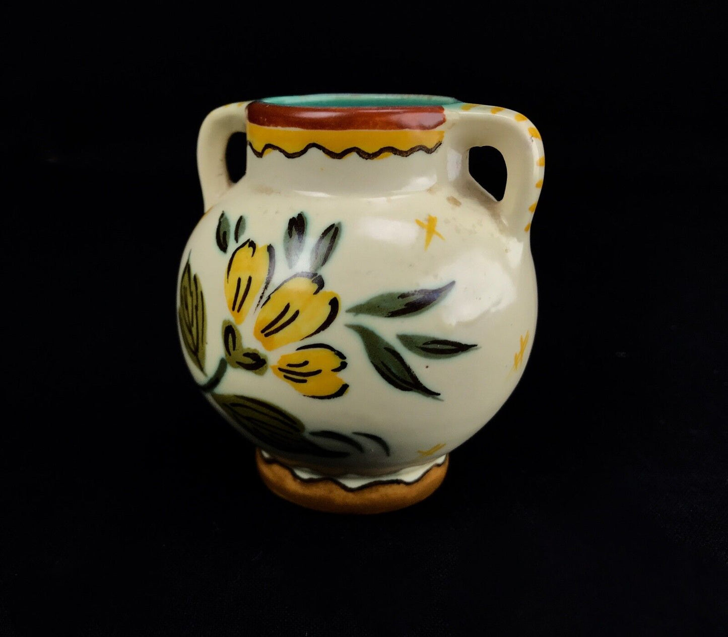 Gouda Pottery Vase / Pot / Double Handled 1950's Vintage / Cream / Yellow