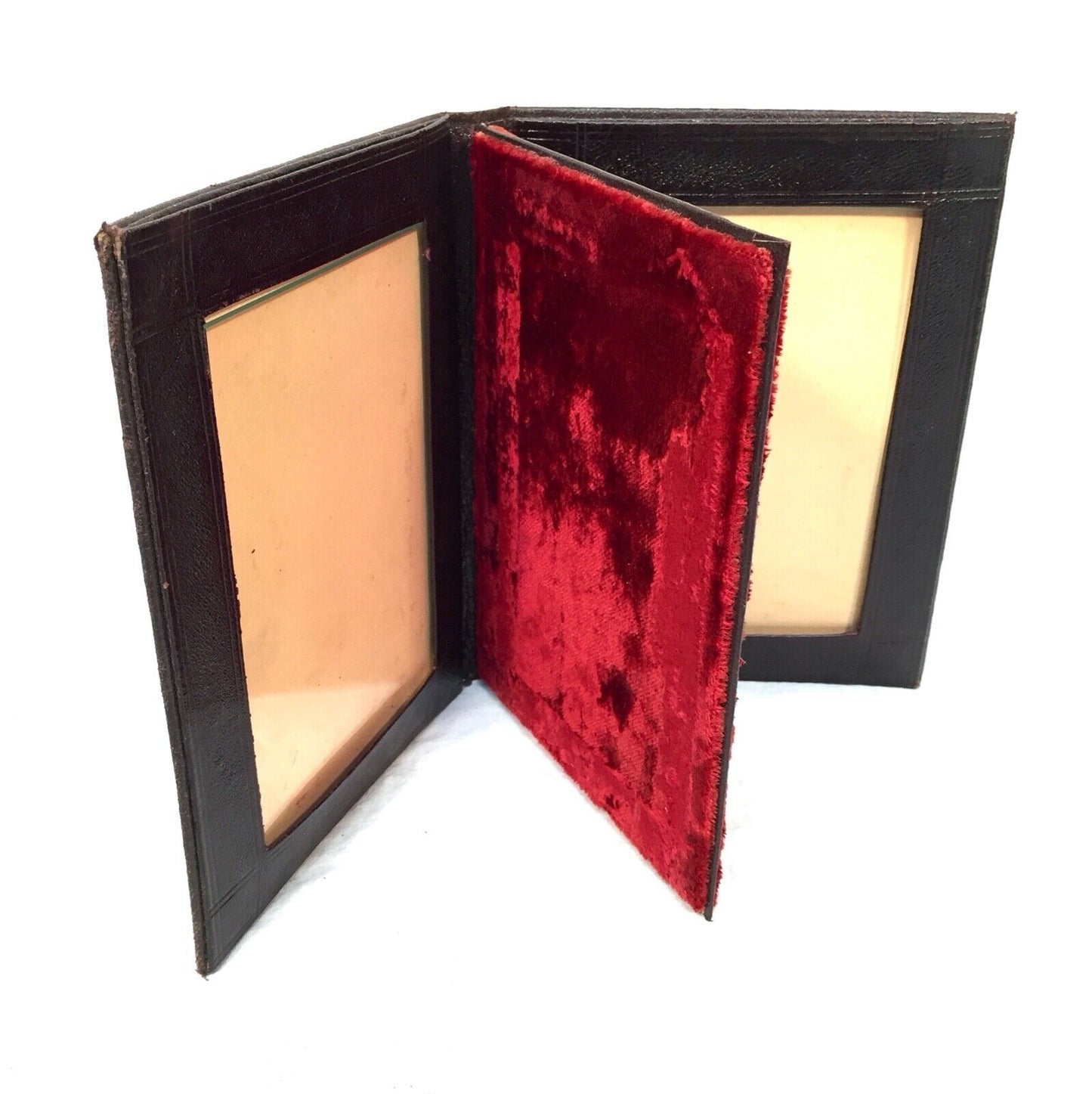 Antique Leather Bound Double Photo Frame / Fold Away / Free Standing