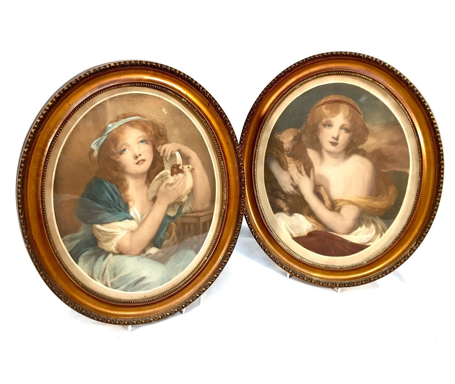 Antique Pair of Art Painting Prints on Board by Jean Baptiste Greuze / Framed