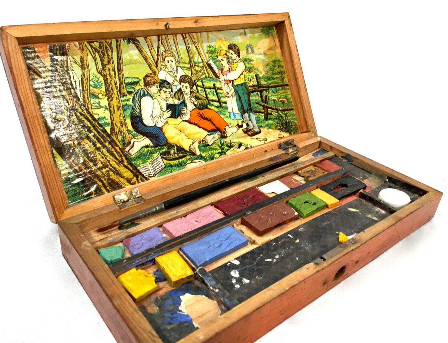 Antique Wooden Mahogany Childs Watercolour Artists Box / Paints / Pallet c.1900
