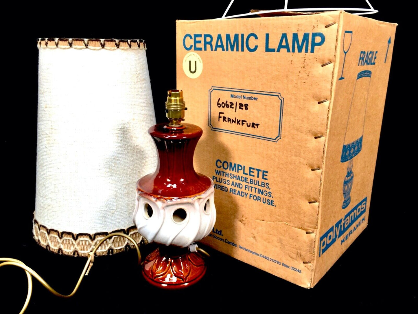 Vintage West German Pottery Lamp in Original Box / Cream & Brown / Unused 1970s