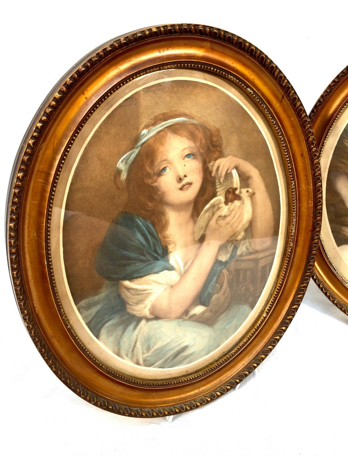 Antique Pair of Art Painting Prints on Board by Jean Baptiste Greuze / Framed