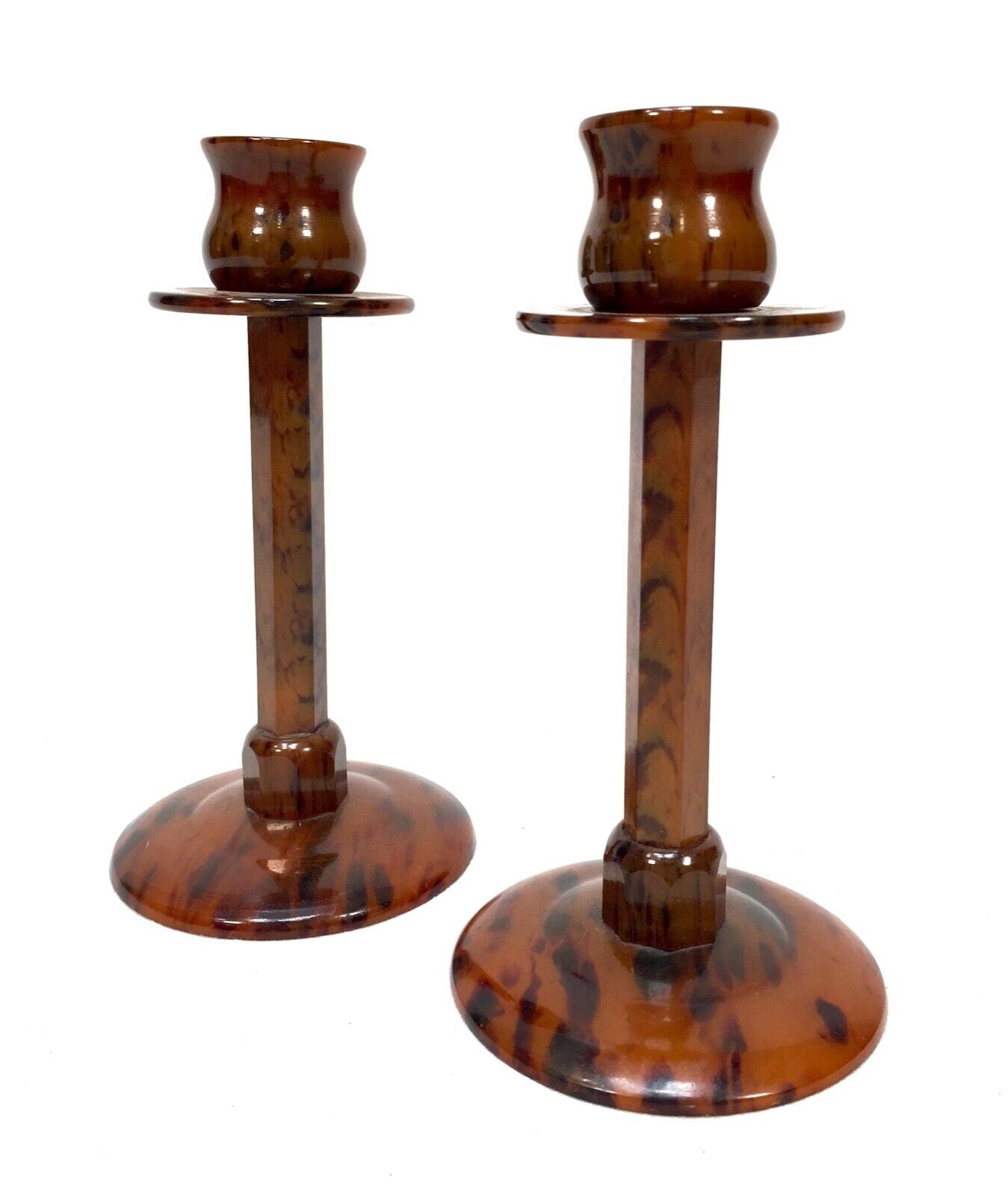 Vintage Pair of Matching Candlestick Holders / Retro / Faux Tortoise Shell 1970s