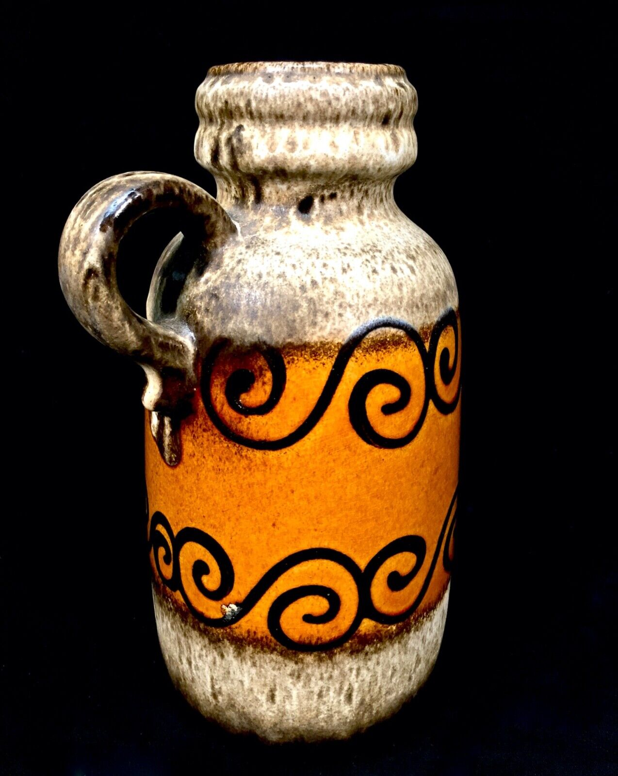 Vintage West German Pottery Vase Jug / Retro 1970s / Cream / Orange / Black