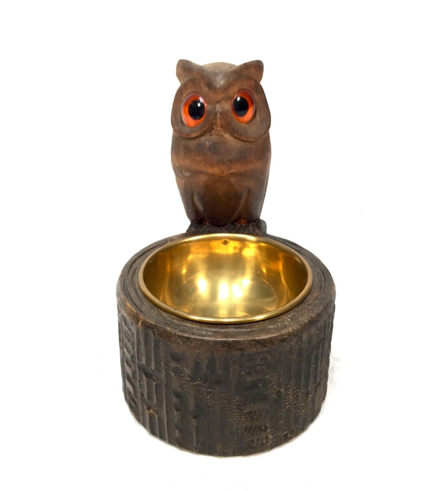 Antique Wooden Carved Owl & Brass Bowl Pin / Trinket Dish / Black Forest Style