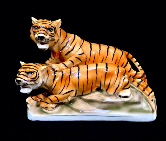 Antique German Sitzendorf Porcelain Tiger Figurine Statue / Art Deco / c1920