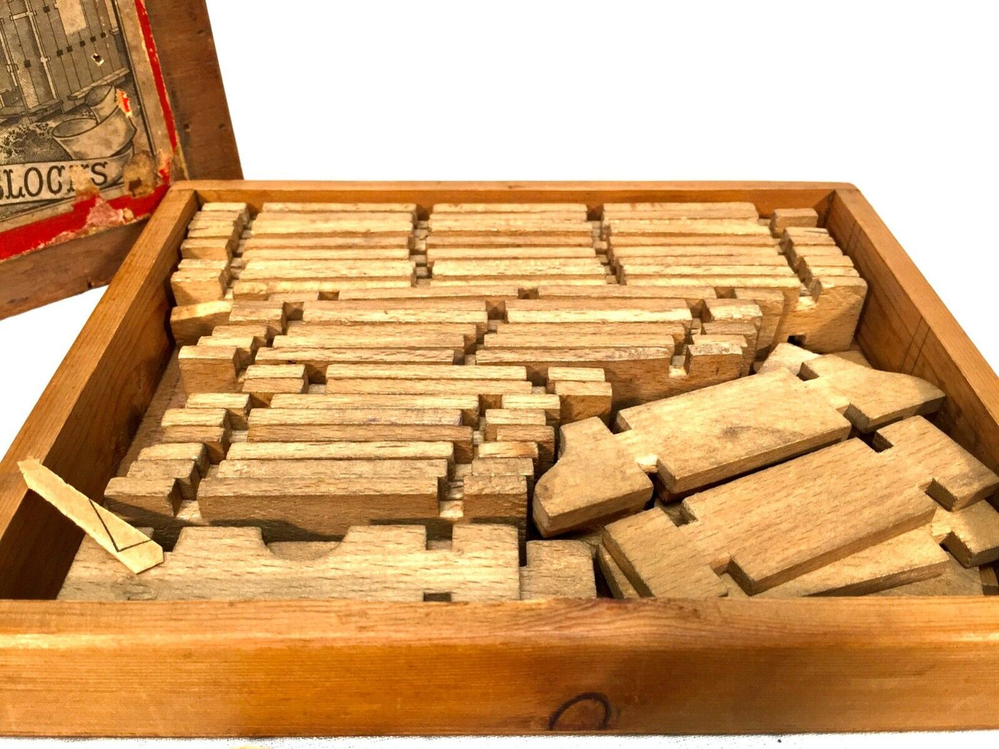 Antique 19th Century Wooden Interlocking Building Block Game / Boxed Set No. 1