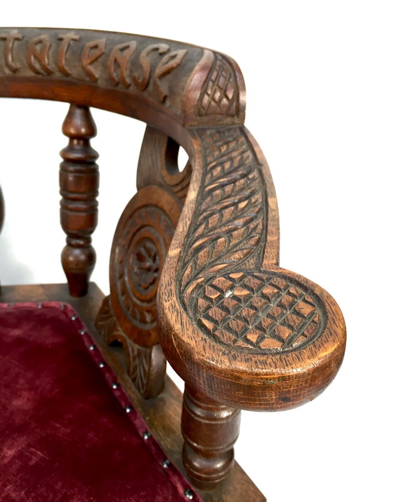 Antique Victorian Carved Oak Wooden Corner Chair Seat - 'Sit At Ease' - c.1870