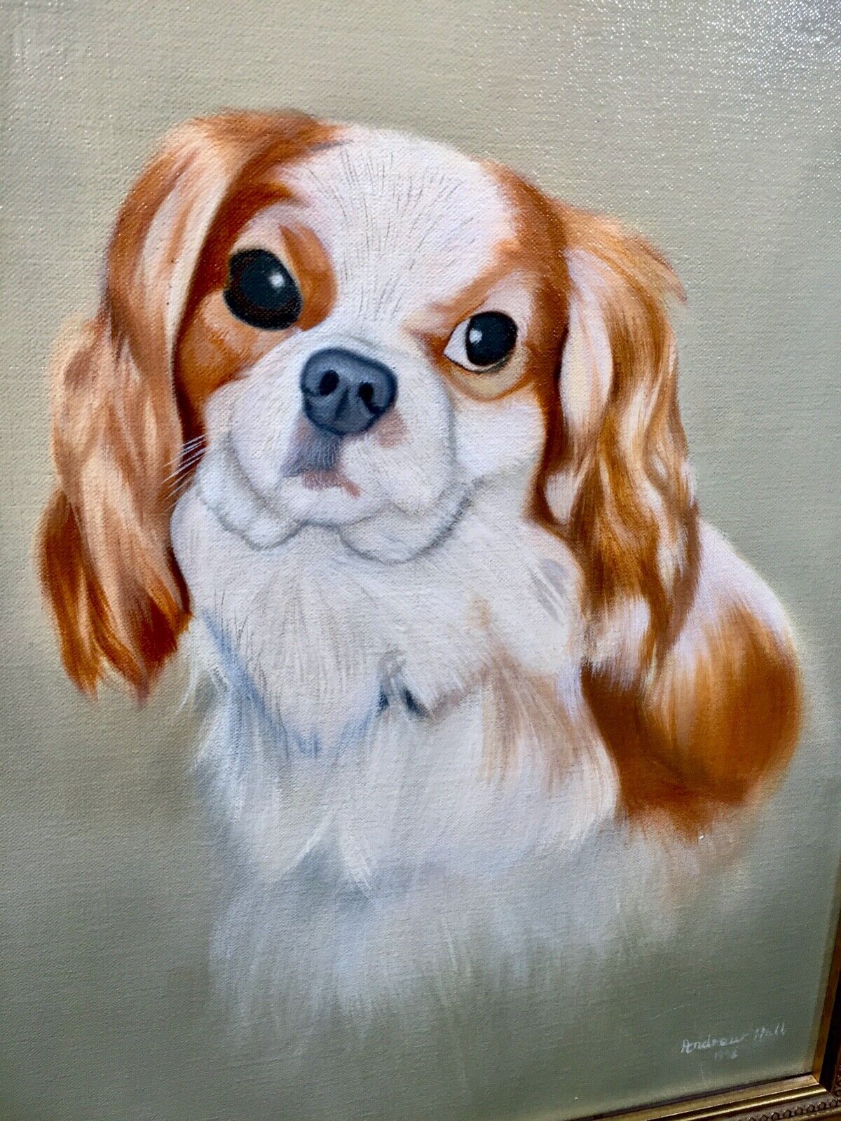 Vintage Framed Cavalier King Charles Spaniel Dog Oil Painting on Canvas