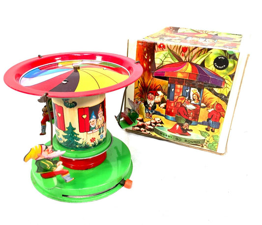 Vintage Wind-up Clockwork Tin Mechanical Elf Merry Go Round Toy / Boxed Working