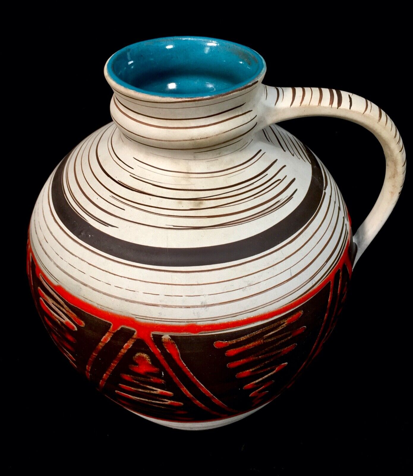 Vintage West German Pottery Fat Vase / Jug /Red & Brown & Cream / Retro 1970s
