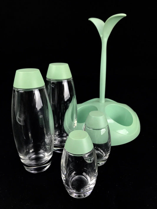 Retro Italian Cruet Set / Holder / Condiment Collection / Green Vintage Kitchen