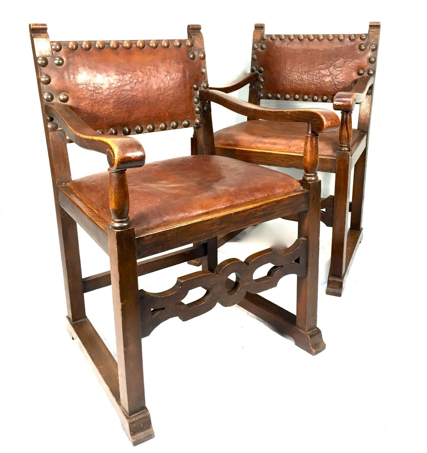 Antique Pair of Edwardian Oak & Leather Hall Chairs / Library / Office c.1900