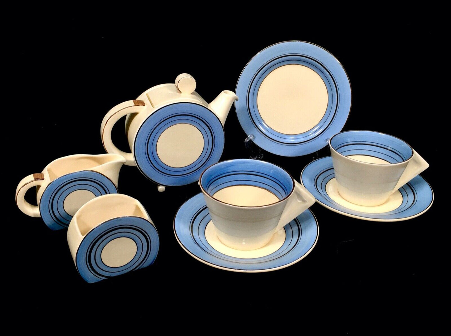 Clarice Cliff Pottery Bonjour Tea For Two Set / Teapot / Blue / c1933 / Art Deco